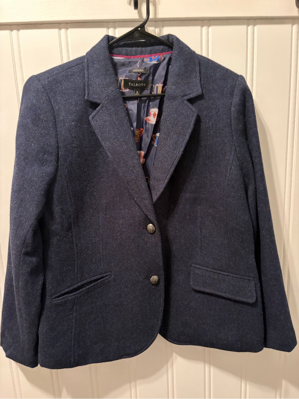 Talbots Wool Aberdeen Blazer Jacket Gold Buttons Blue Heather Teapots Size 16 - Picture 2 of 8